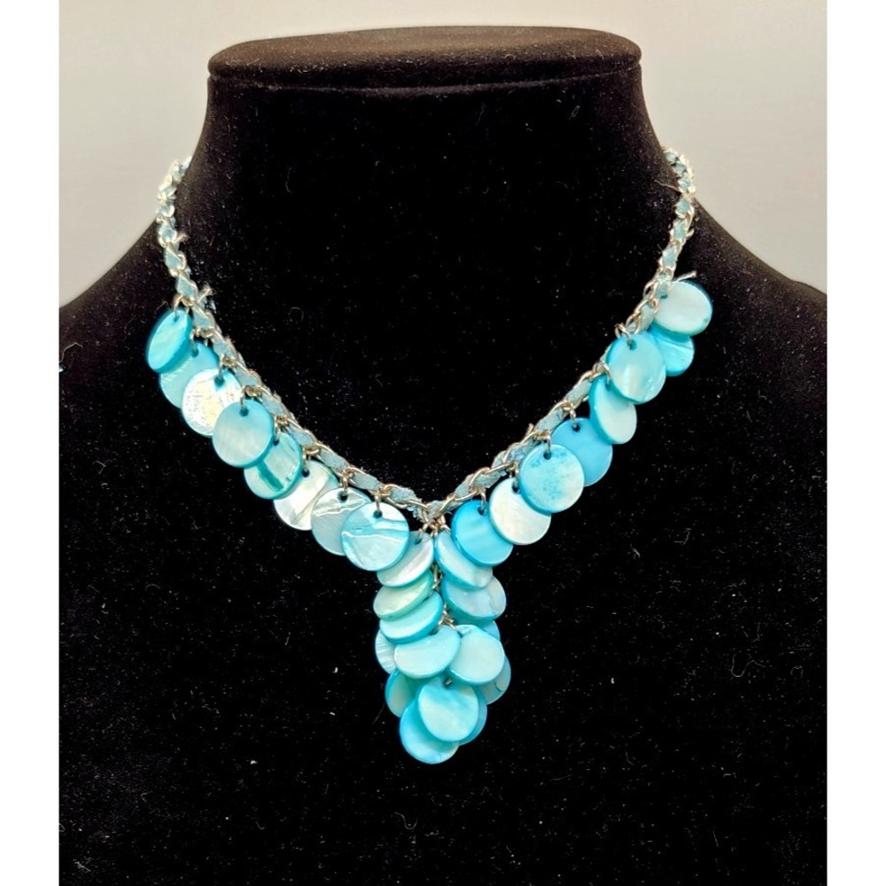 Fashion Shell Statement Necklace Lariat Blue Layer Style Silver Tone Necklace